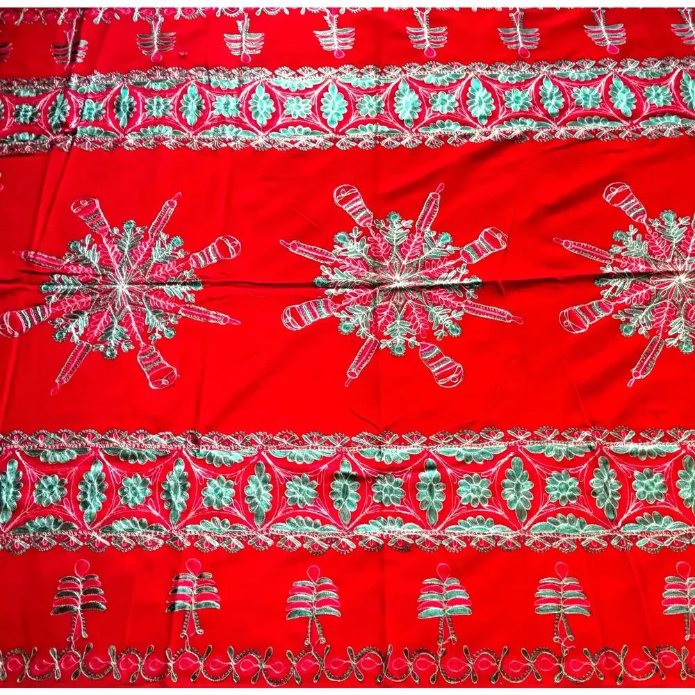 Vintage 1980's Christmas buffet tablecloth red with green & gold embroidery